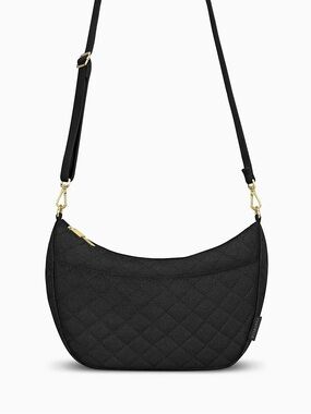Canvelle Quilted Crescent Crossbody Bag in Black with Gold Hardware